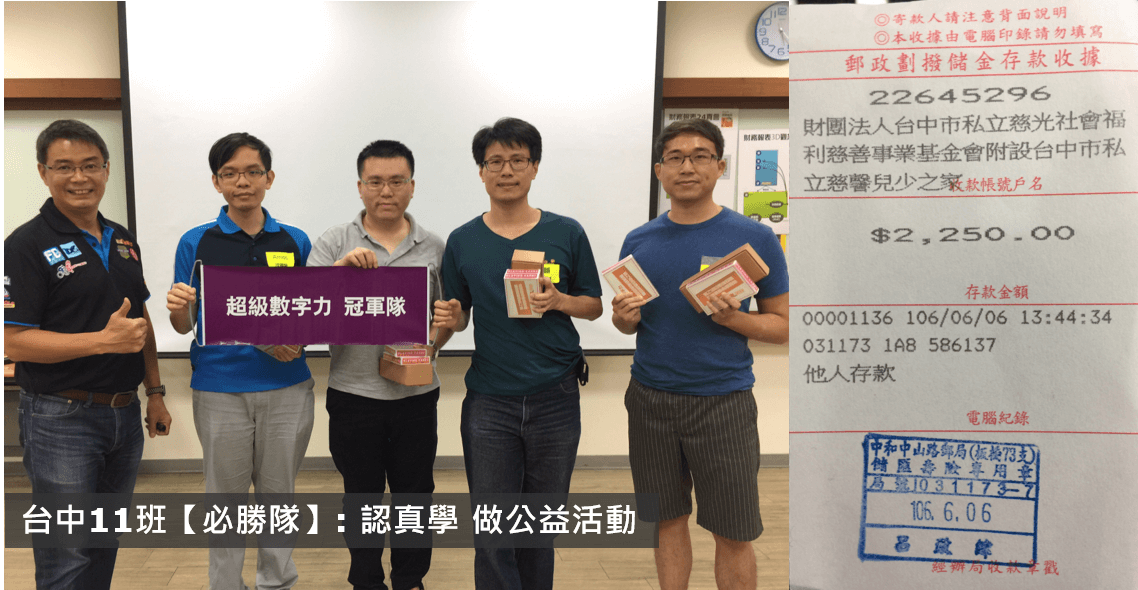 No.054:2017.06.03 台中11班 冠軍隊【必勝隊】獎金2,250元已捐出，感謝大家