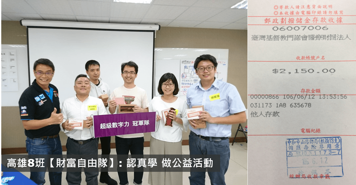 No.055:2017.06.10 高雄8班 冠軍隊【財富自由隊】獎金2,150元已捐出，感謝大家