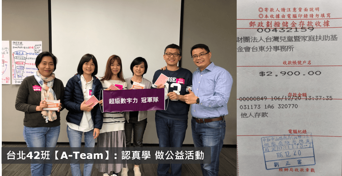 No.068:2017.12.15 台北42班 冠軍隊【A-Team】獎金2,900元已捐出，感謝大家