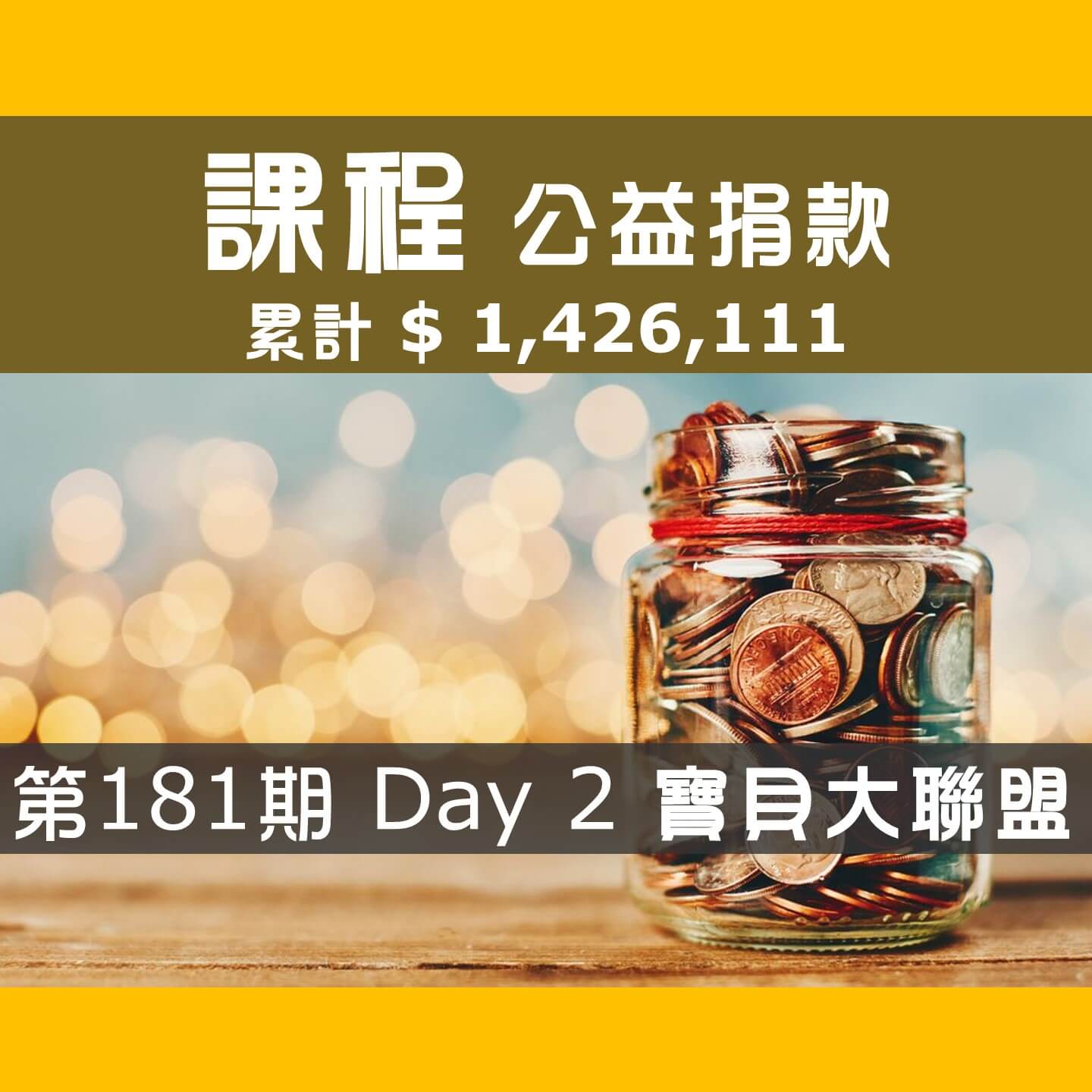 No.250:2023.06.11 第181期 Day 2 冠軍隊【寶貝大聯盟】愛心已送出，累計捐款1,426,111元，感謝大家