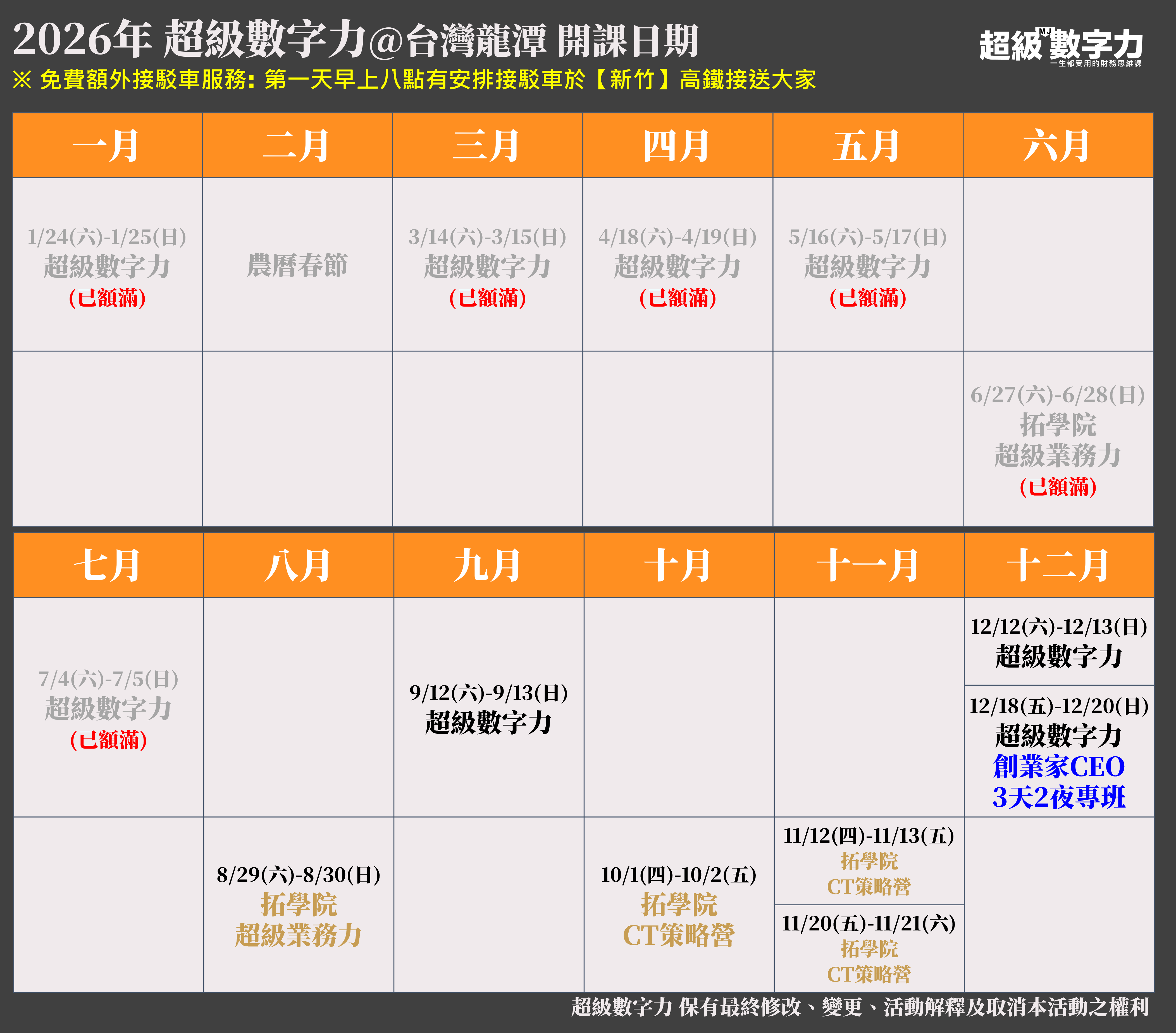 超級數字力 2026年度行事曆